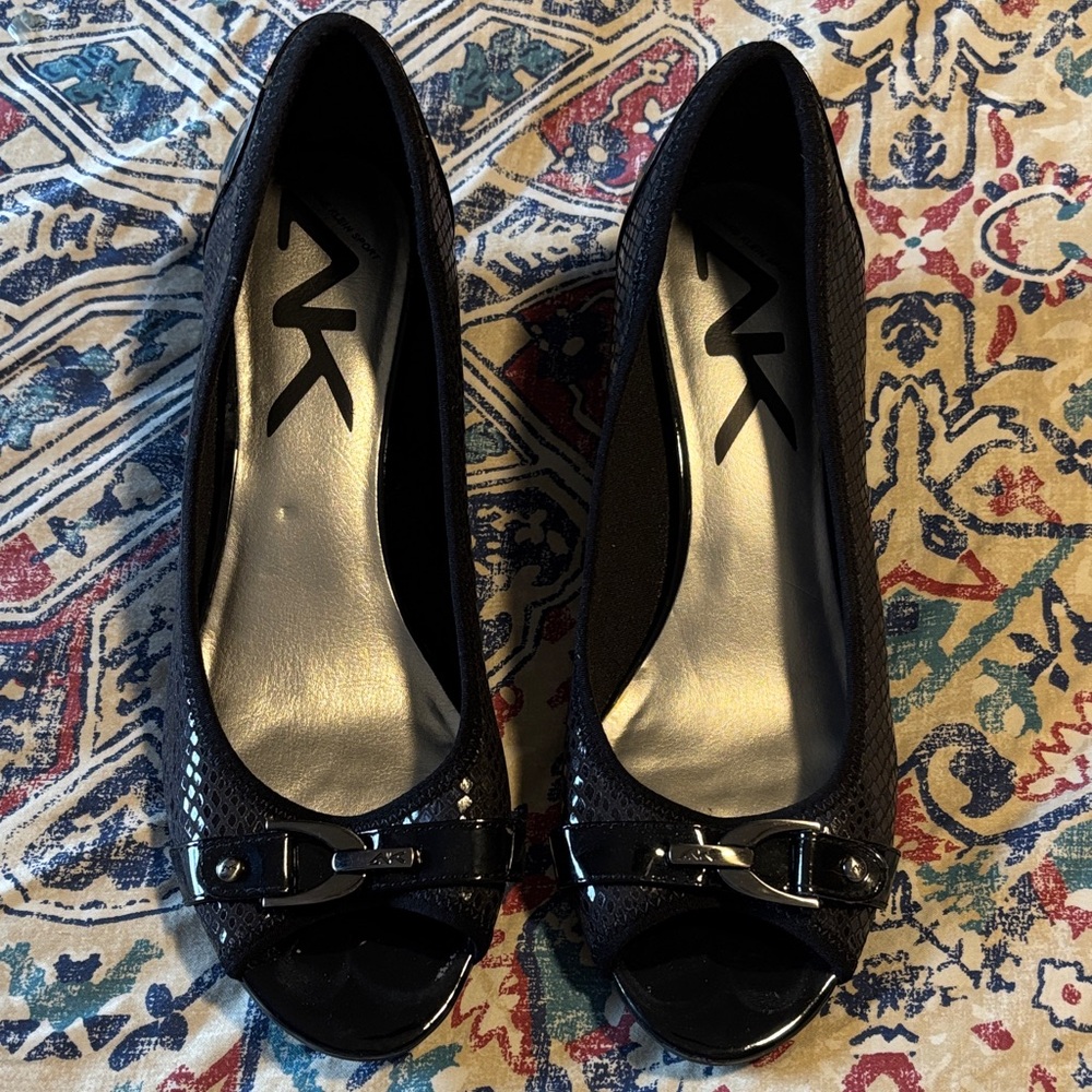 Anne Klein Black Peep-Toe Heels with Decorative Buckle